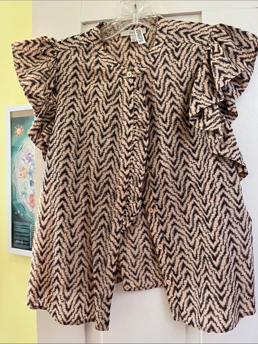 Joie Black and Pink Chevron Ruffle Sleeve Blouse